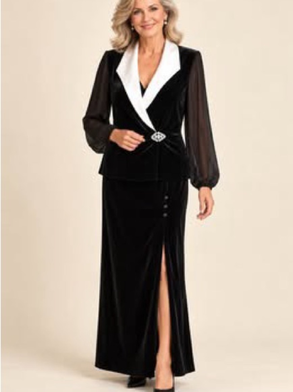 Black Velvet Skirt Set with White Contrast Collar